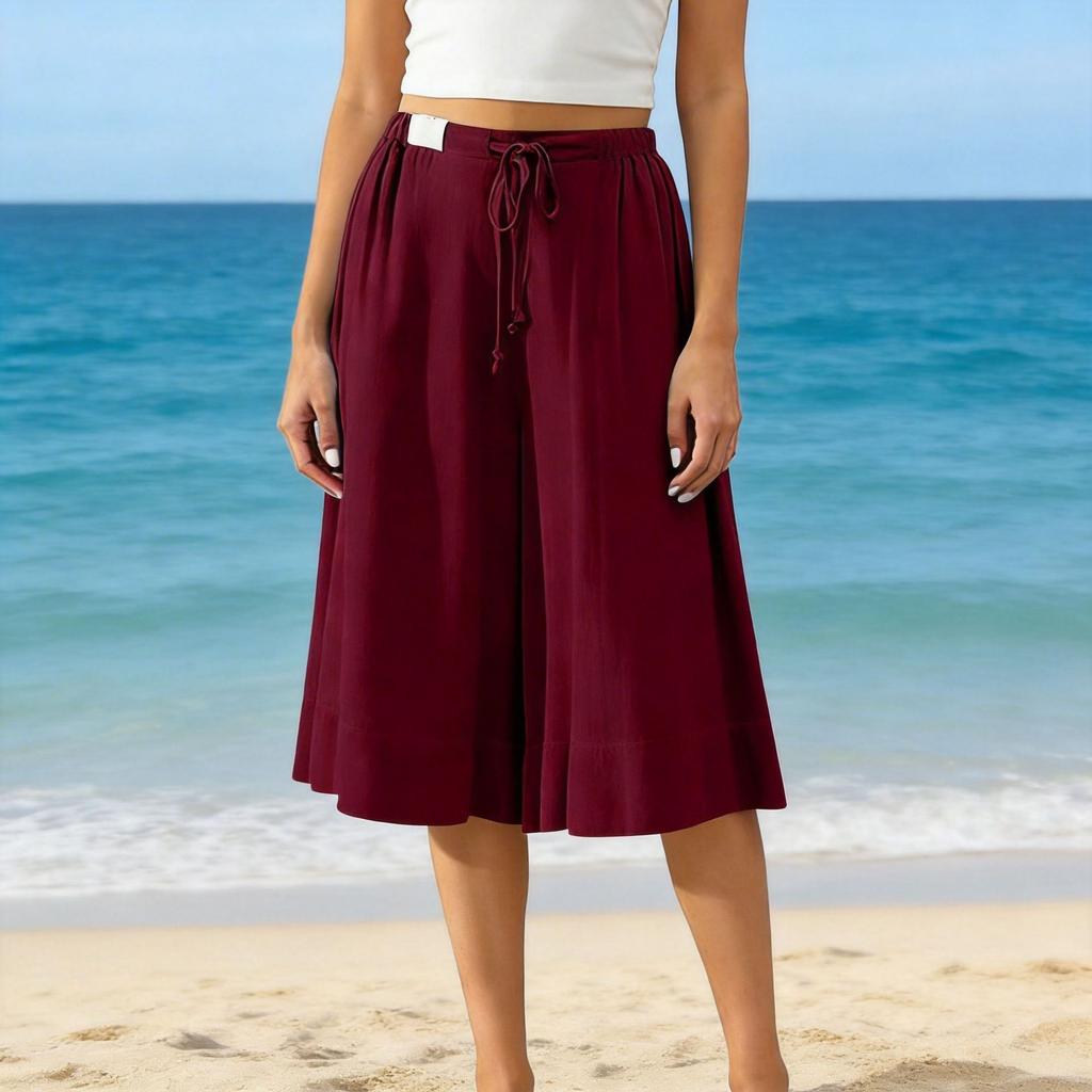 Women’s Wide Leg Culottes Drawstring Waist Loose Fit Pleated Midi Skirt Pants Soft Lightweight Fabric