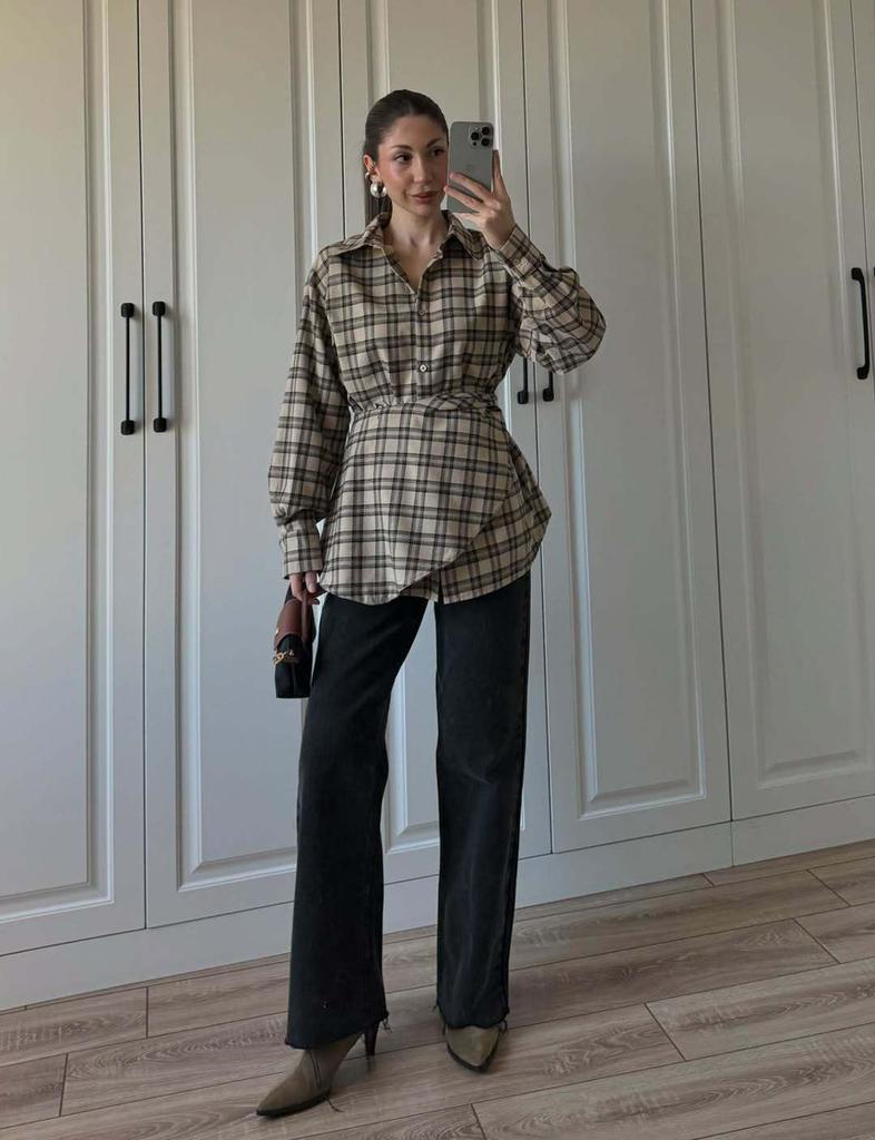 Ensemble chemise à carreaux et châle pour femmes européennes et américaines 2026: Mode Trois-en-un à Manches Longues avec Taille à Nouer.