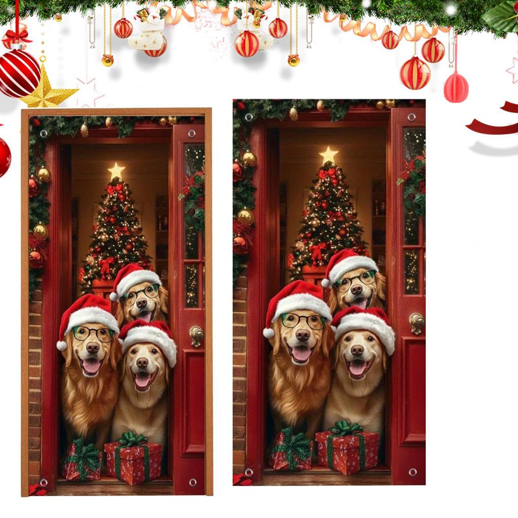 NEW Christmas Front Door Decoration Cover 2D Winter Holiday Party Background Christmas Door Wrap For Indoor Outdoor Home Kitchen