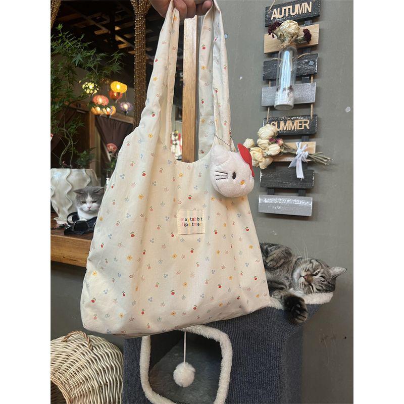 

Korean Series Sweet Floral Canvas Bag 2025 New Idle Style Student Commuter Shoulder Bag Large Capacity Tote Bag Beige White