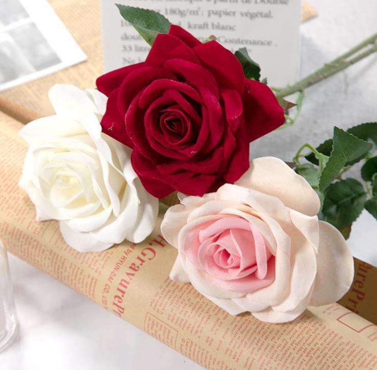 Artificial Flower Single Velvet Rose Flower for Wedding Decor