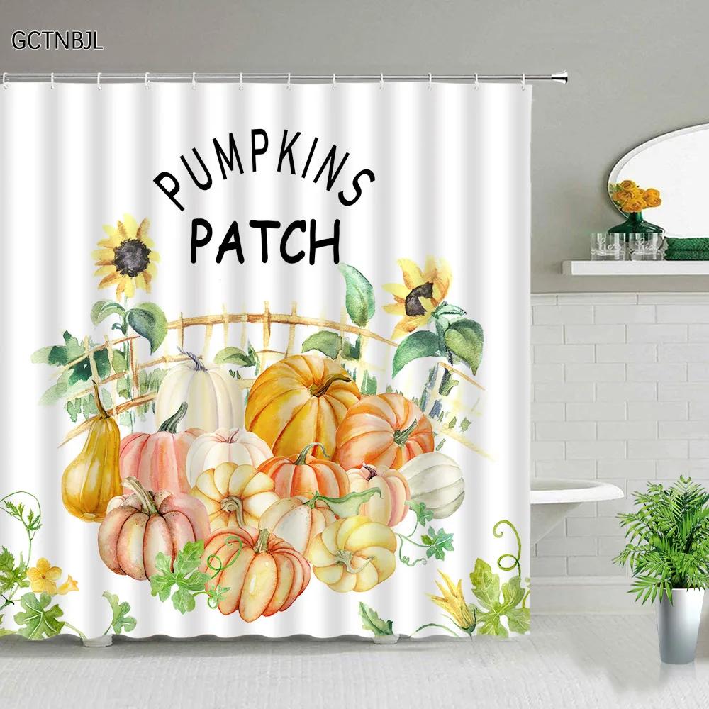 Fall Shower Curtain Maple Truck Pumpkin Sunflower Flowers Autumn Landscape Thanksgiving Decor Bathroom Curtain Fabric Washable