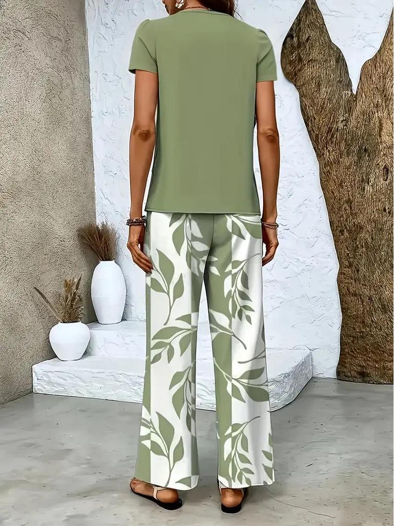 2026 Women's Printed Top and Wide-Leg Pants Set, European & American Style for Cross-Border E-commerce.