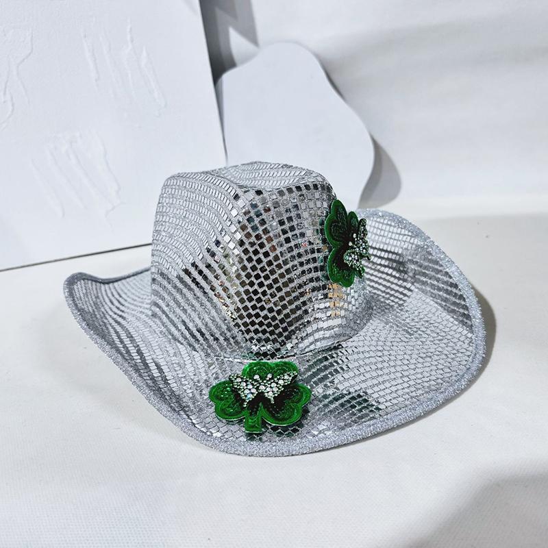 Trendy St. Patrick'S Day Cowgirl Hat Green Clover Irish Festival Party Headwear Silver Sequin Cowboy Hat Party Costume Accessory