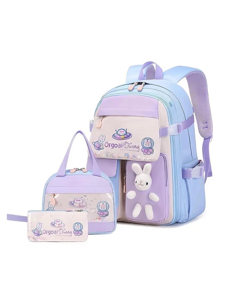 3-Piece Ultra-light Rabbit Backpack Set for Girls, Grades 1-6: Includes School Bag, Lunch Bag, and Pencil Case