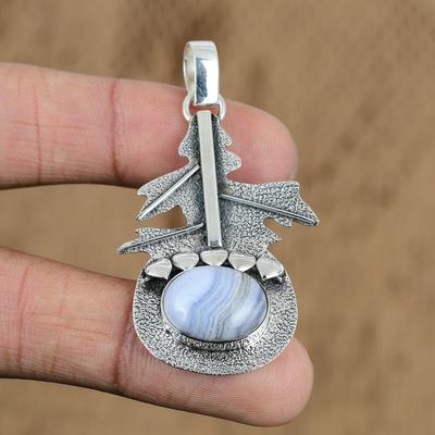 Φυσικό Γαλάζιο Δαντελωτό Αχάτης Λίθος Κοσμήματα 925 Ασήμι Στερεό Πέτρωμα Κρεμαστό Για Γυναίκες