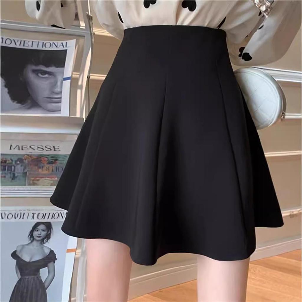 2024 Spring Black High Waist A-Line Skirt: Women's College Style, Slim, Anti-Exposure