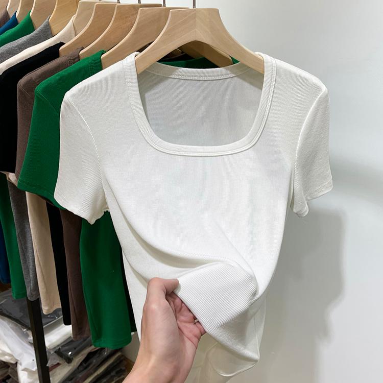 

Летняя женская футболка с коротким рукавом, сексуальная тонкая однотонная зелено-белая футболка с черным квадратным воротником, женские футболки для женщин, рубашка с круглым вырезом, уличная одежда M белый