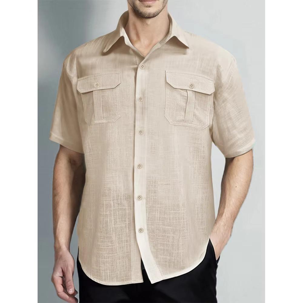 Herrenhemden aus Baumwolle und Leinen, kurzärmelig, Nadelstreifenmuster, atmungsaktiv, modisch, einfarbig, Umlegekragen, lässiges Button-Down-Hemd