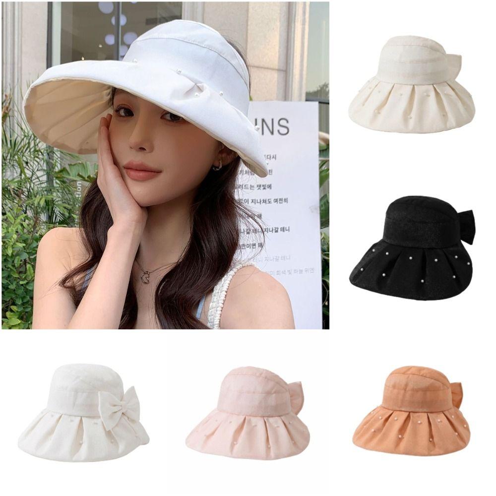 Windproof Women Pearl Bucket Hat Anti-UV Beach Cap Big Brim Sun Hat Summer Spring Autumn