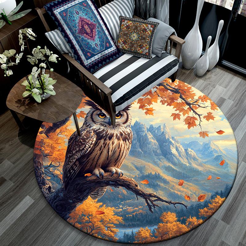 Autumn Owl Round Area Rug,Carpet Rug for Living Room Bedroom Sofa Playroom Decor,Non-slip Floor Mat