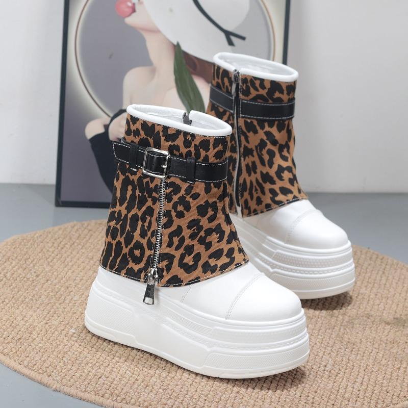 Fashion Shoes for Women New Mid-Calf Boots 10CM High Platform Modern Boots Belt Buckle Punk Shoes Female Zip Leather Motorcycle Boots