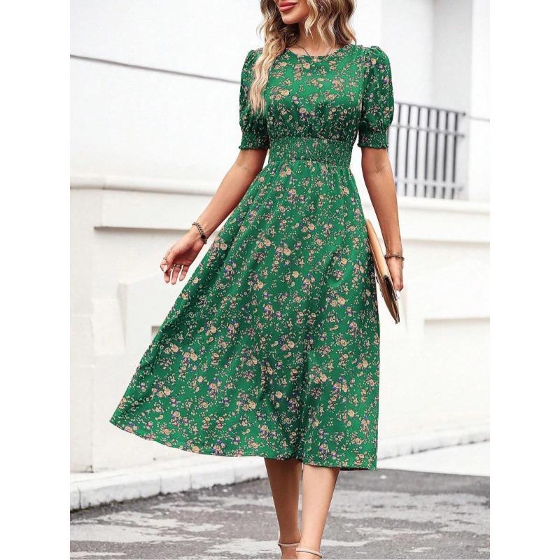 Women Floral Print Midi Dress With Puff Sleeves And Smocked Waist