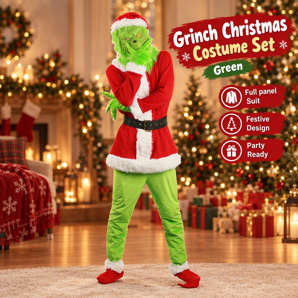 Grinch Green Costume For Adults And Kids Christmas Costumes Party Outfit With Mask Headpiece For Holiday Festivities