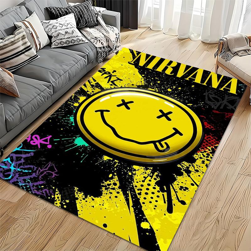 Nirvana Smiley Face Graffiti Style Carpet, Yellow and Black Design Suitable for Use As an Anti-slip for Living Room Bedroom Sofas
