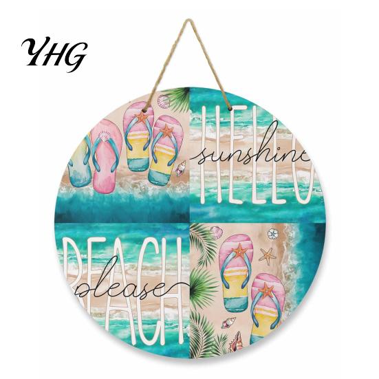 Holiday House Ornament Round Wooden Door Hanger, Watercolor Beach Welcome Sign, Hello Sunshine Decorative Sign Please Wall Plaque for Summer