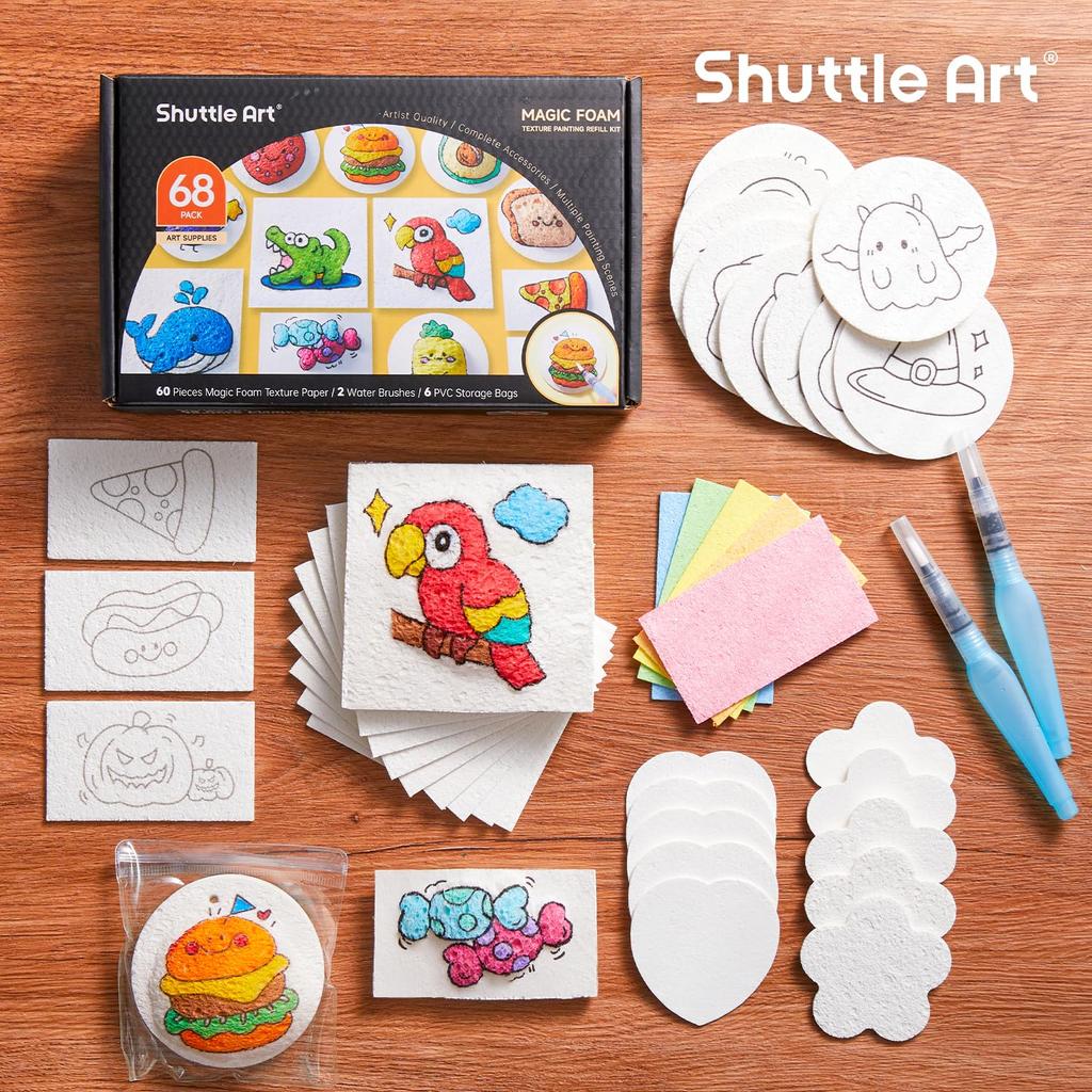 Shuttle Art Sponge Paper 68-Piece Set: 60 Water-Expanding Paper Sheets, 2 Water Brushes, 6 PVC Storage Bags, Refill Paper, Upgraded Version. Create Fl