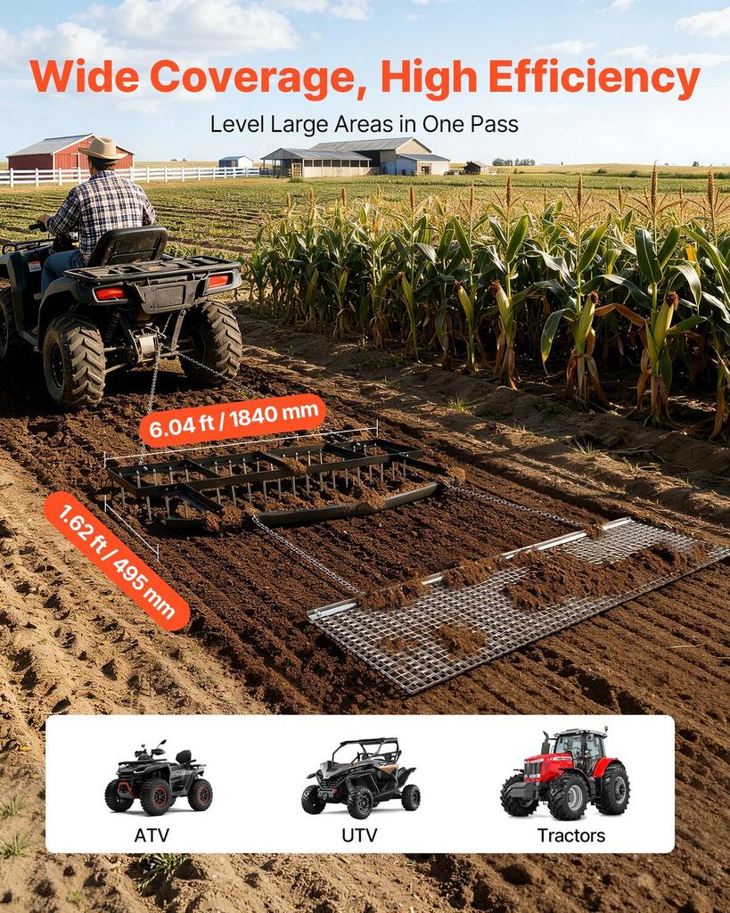 Drag Harrow, 6 Ft Tow-Behind Driveway Grader with Chain Harrow, Adjustable Width & 80lbs Load Capacity, Heavy Duty Lawn Leveling Rake, Fits ATVs UTVs