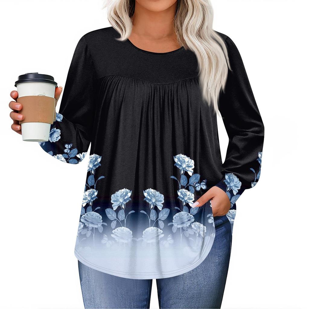 Dámské topy plus size košile s dlouhým rukávem kulatý výstřih splývavá tunika ležérní volná halenka L-5X