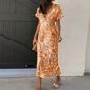 Women Casual Short Sleeve V Neck Bohemian Holiday Style Package Hip One Piece Dress