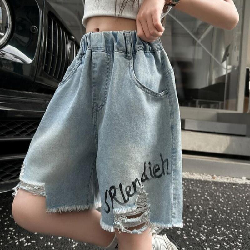 Mädchen Jeansshorts Weites Bein Sommer Gerade Graffiti Fünf-Punkt-Hose Locker Mittel Bis Groß Kinder Ripped Ausgefranst Gewaschen Hongkong-Stil