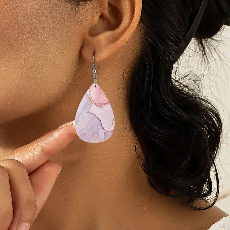 Colorful Marble Pattern PU Leather Earrings For Women Creative Fashion Teardrop Earrings Double-Sided Printing