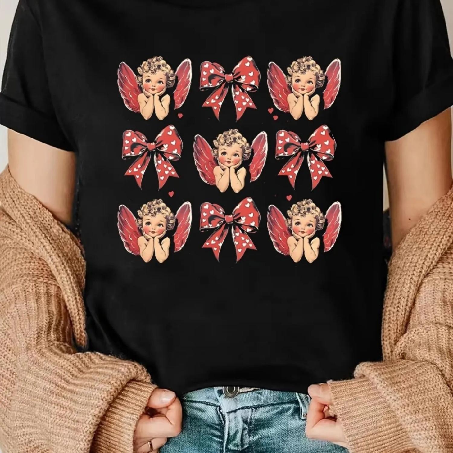 

1pc Valentine S Day Cute Cupid Print T-Shirt for Women, Casual Crew Neck Short Sleeve Knit 100% Cotton Tee, Breathable Loose Fit XXXXXL різнокольоровий