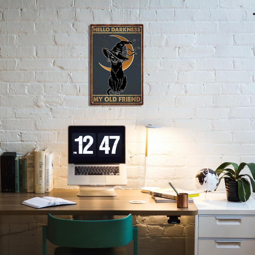 Black Cat Witch Halloween Darkness My Old Friend Retro Tin Signs Vintage Wall Decoration Home Bar Kitchen Hotel Dining Room Metal Poster 8x12 Inch
