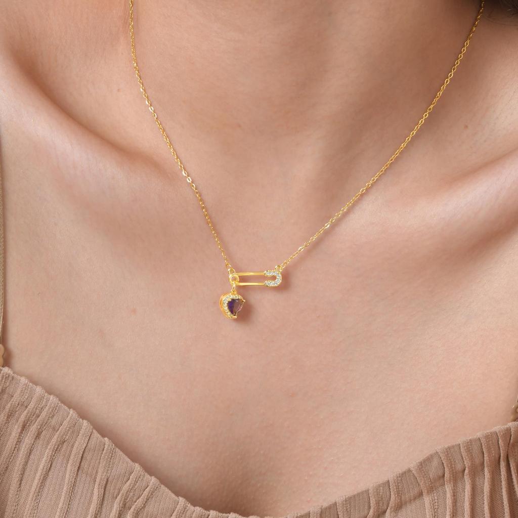 Fashion Stainless Steel Chain Heart Zircon Copper Pin Gold Necklace Ladies Nc-1650