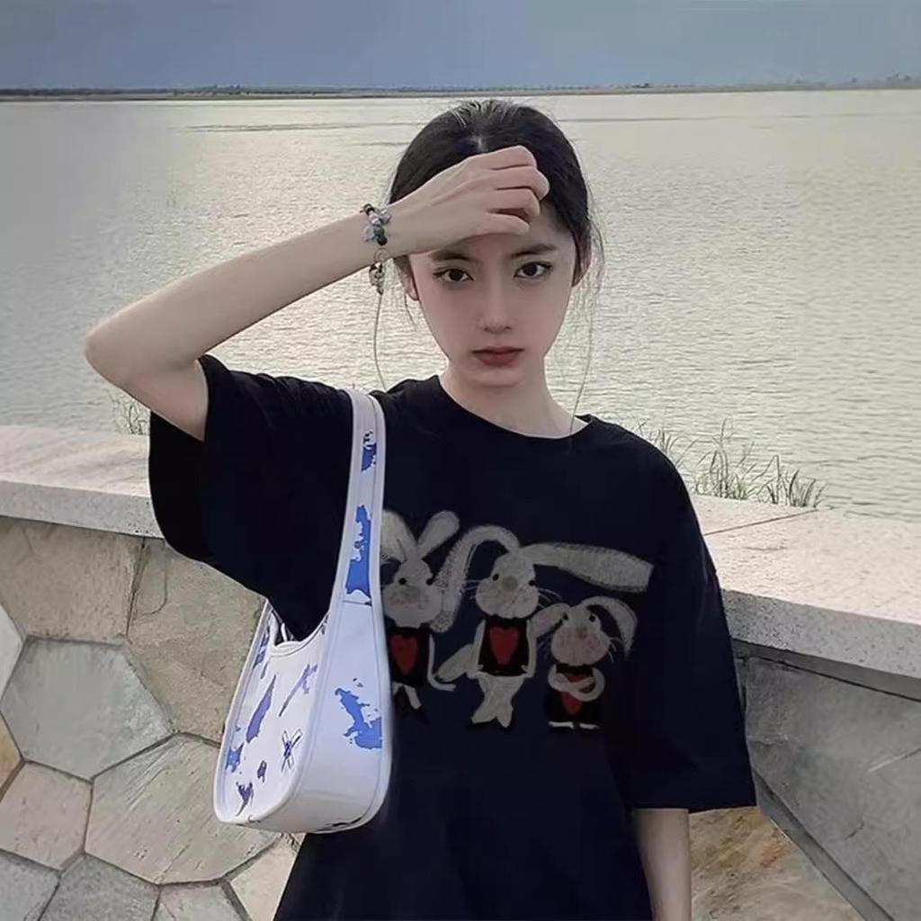 Women's Oversized Black Rabbit Print Cotton Tee