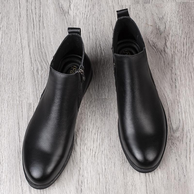 Chelsea Winter Black Mens Boots Genuine Leather Office Boots Fashion Designer Shoes Men Warm Winter Slip-On Cow Leather Footwear
