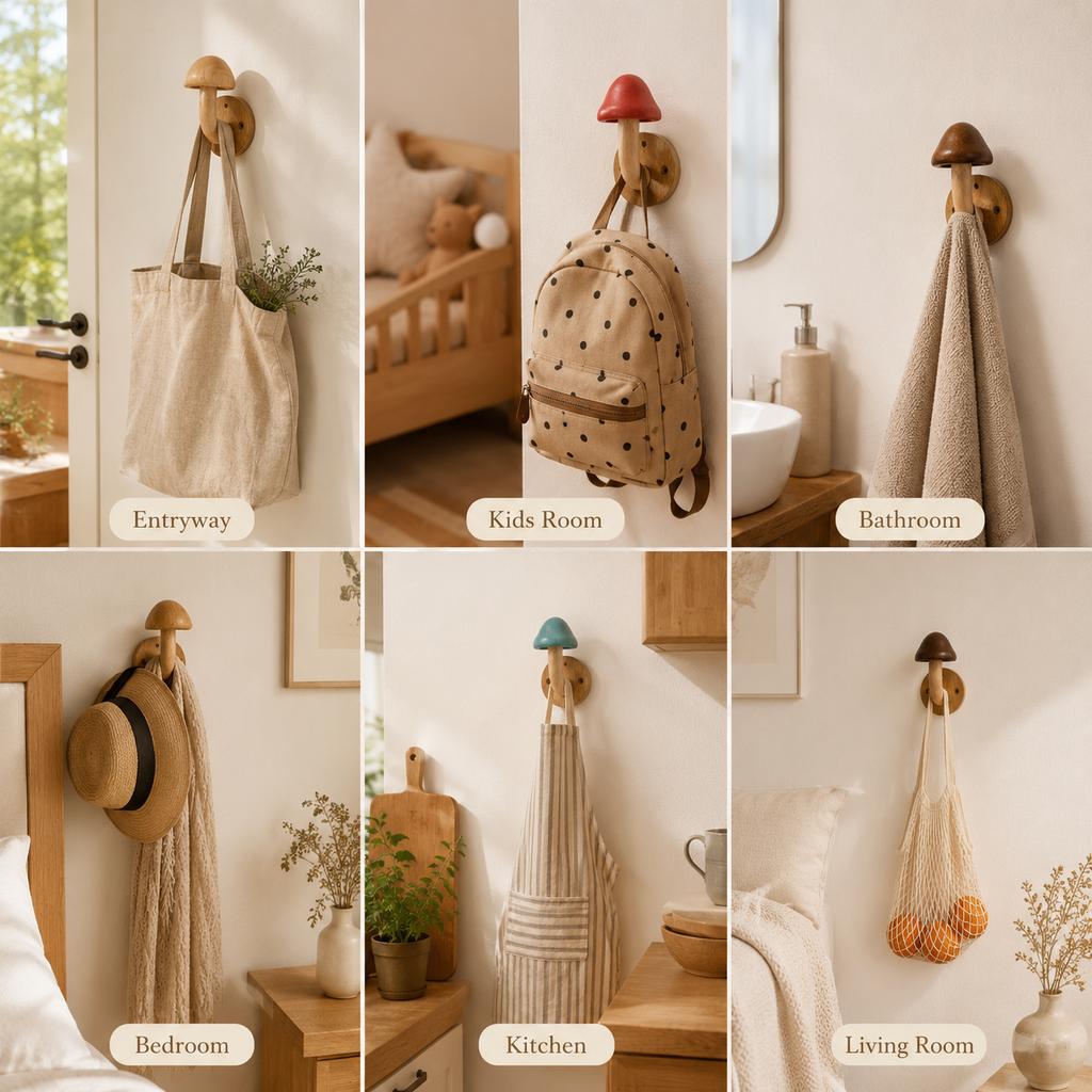 4PCS Wooden Mushroom Wall Hooks Set | Handmade Beech Wood Decorative Coat Hooks for Bathroom, Bedroom & Entryway