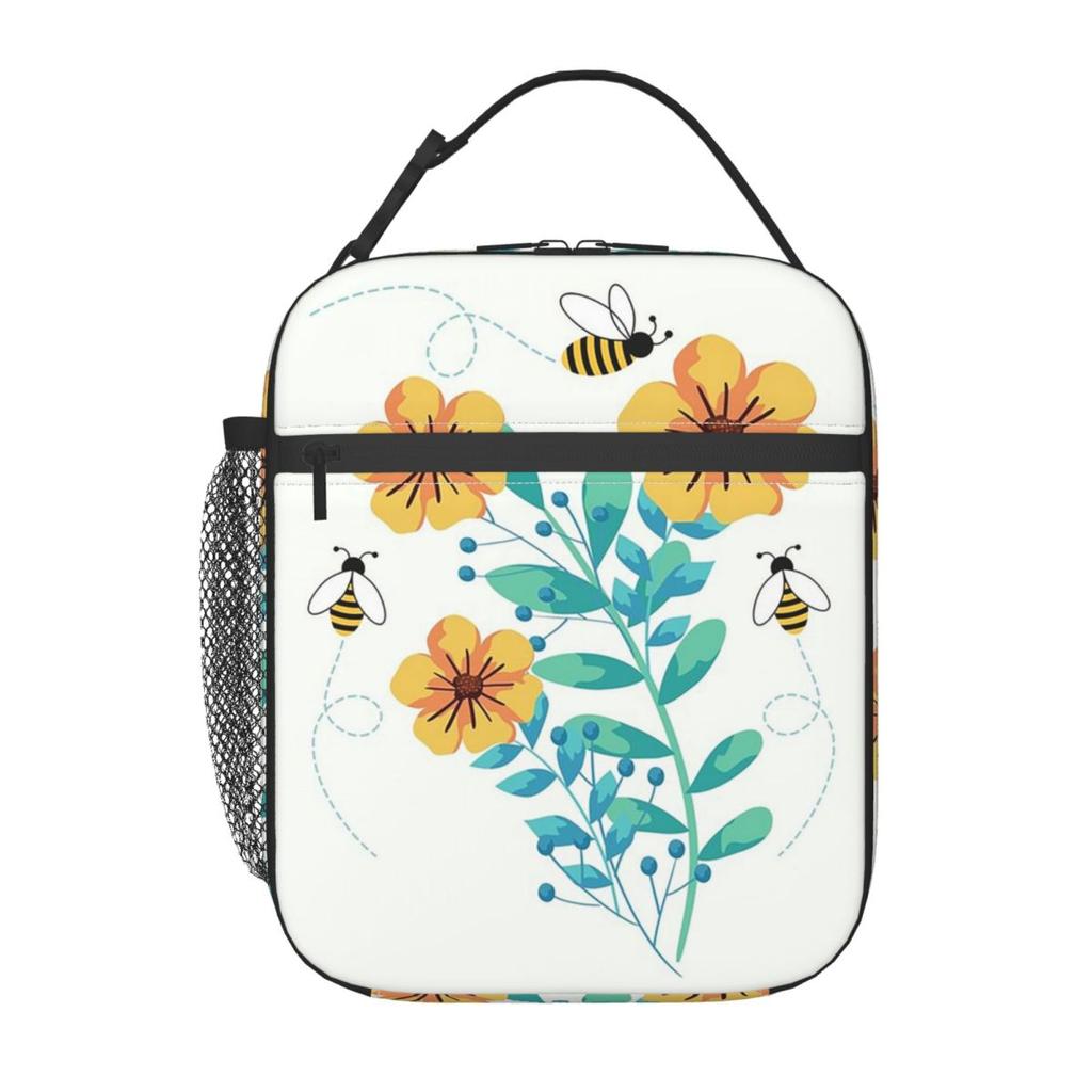 Das Muster von Bienen beim Blumenpflücken Isolierte Lunchtasche für Damen Kinder Tragbare Lebensmittelboxen Thermische Lunchbox Tragetasche