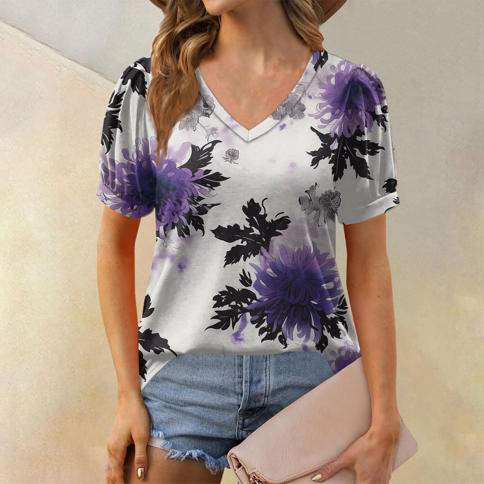 

Женская модная футболка с коротким рукавом и V-образным вырезом, с цветочным принтом, свободная повседневная футболка M