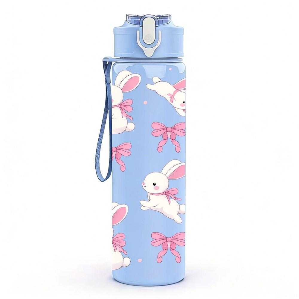 1PC Pink Bow Bunny Ribbon Pattern Print 750ml Color Plastic Sports Water Bottle Leakproof Flip Straw Lid Suitable for Sports Office Home Use
