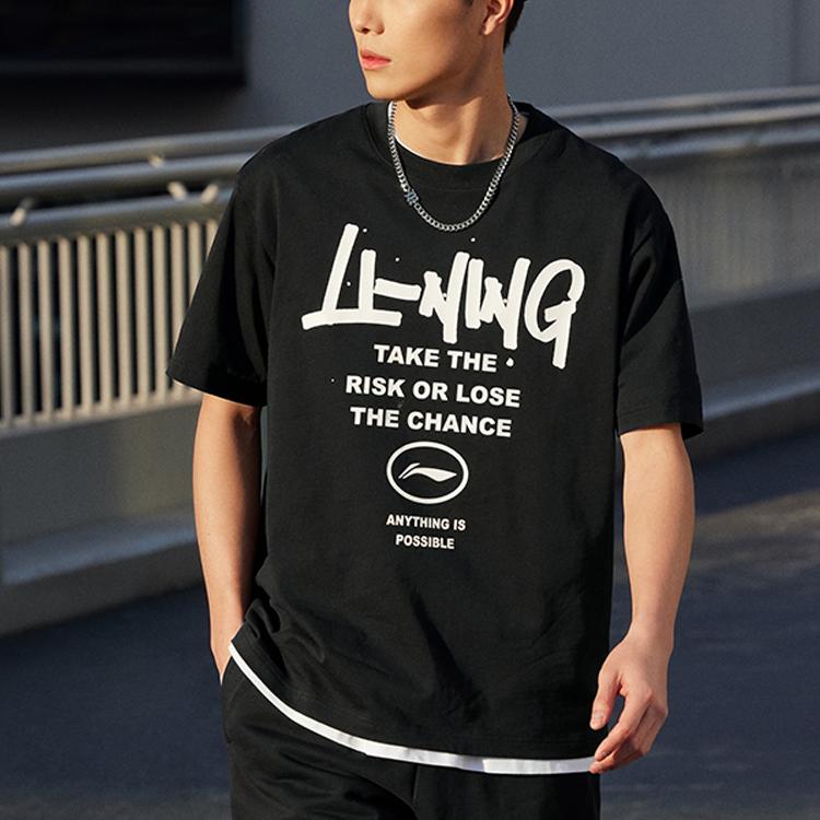 Li-Ning Letter Logo Print Crew Neck Pullover T-Shirt Unisex Tops Black AHST553-1
