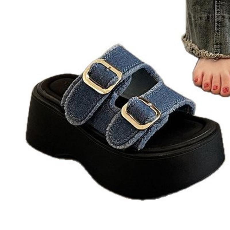 thick-soled muffin sandals women's new versatile height-increasing denim slippers sports sandals are trendy