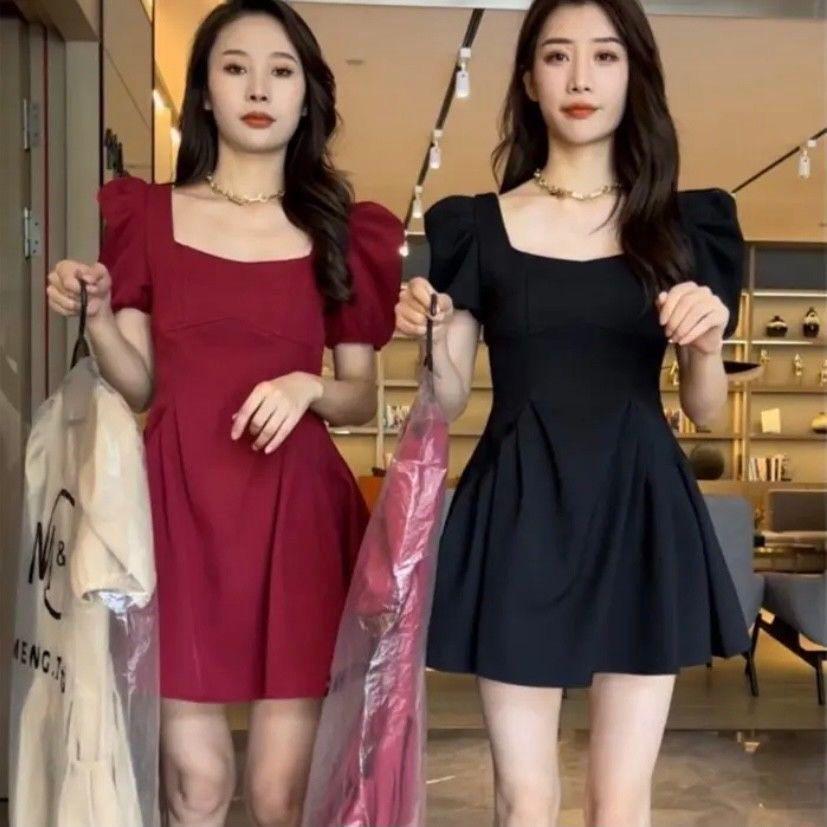 Summer Square Neck Puff Sleeve Ruched Slimming Dress for Women