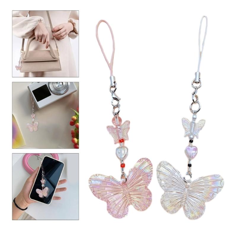 Butterfly Beaded Hanging Pendant Sweet Phone Strap Y2K Bag Decoration Portable Hanging Lanyard Gift for Girls Women