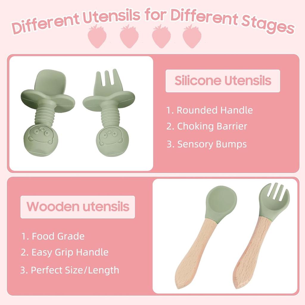 Baby Feeding Set 8-Piece: Hypoallergenic, Ergonomic, Portable, BPA-Free, Soft Durable Silicone, Easy Clean, 12M+ , Green