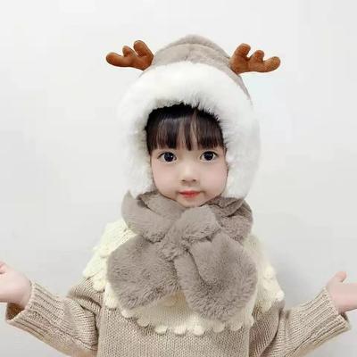 Children's Plush Hat Scarf Integrated Autumn and Winter Male and Female Baby Pullover Hat Thickened Cute Cartoon Deer Ear Protection Hat