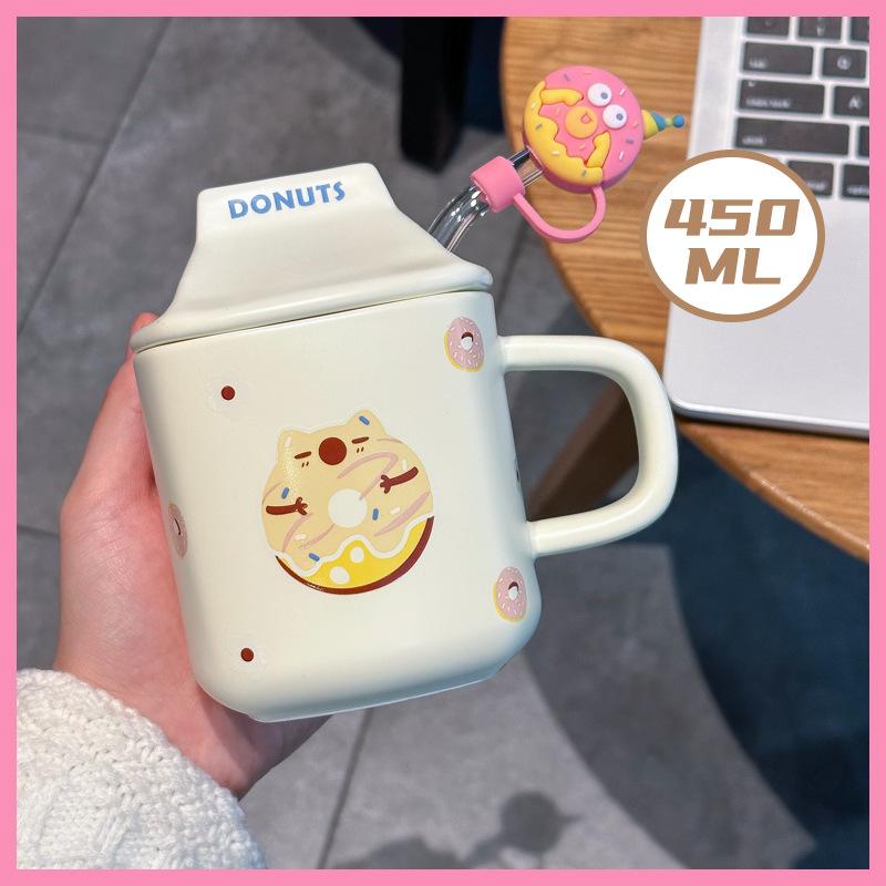 

Кружка для пары Молочный Фуфу Керамическая кружка с крышкой Студенты мужского и женского пола Высококачественная чашка для молока и кофе Милая мультяшная 450ML