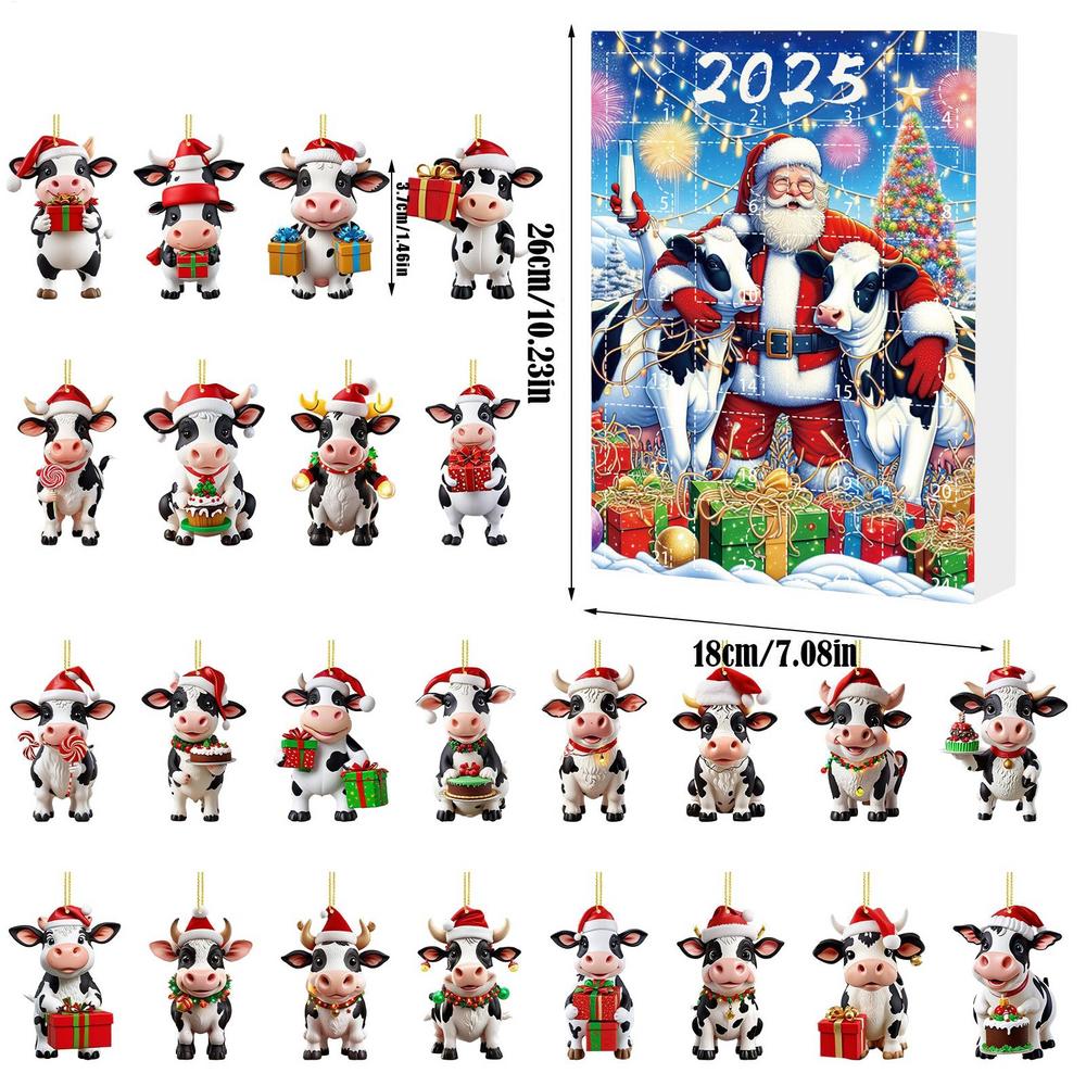 Cow Christmas Calendar 24 Days Cartoon Animal 2D Acrylic Hanging Ornaments Festive Countdown Calendar Christmas Tree Decorations