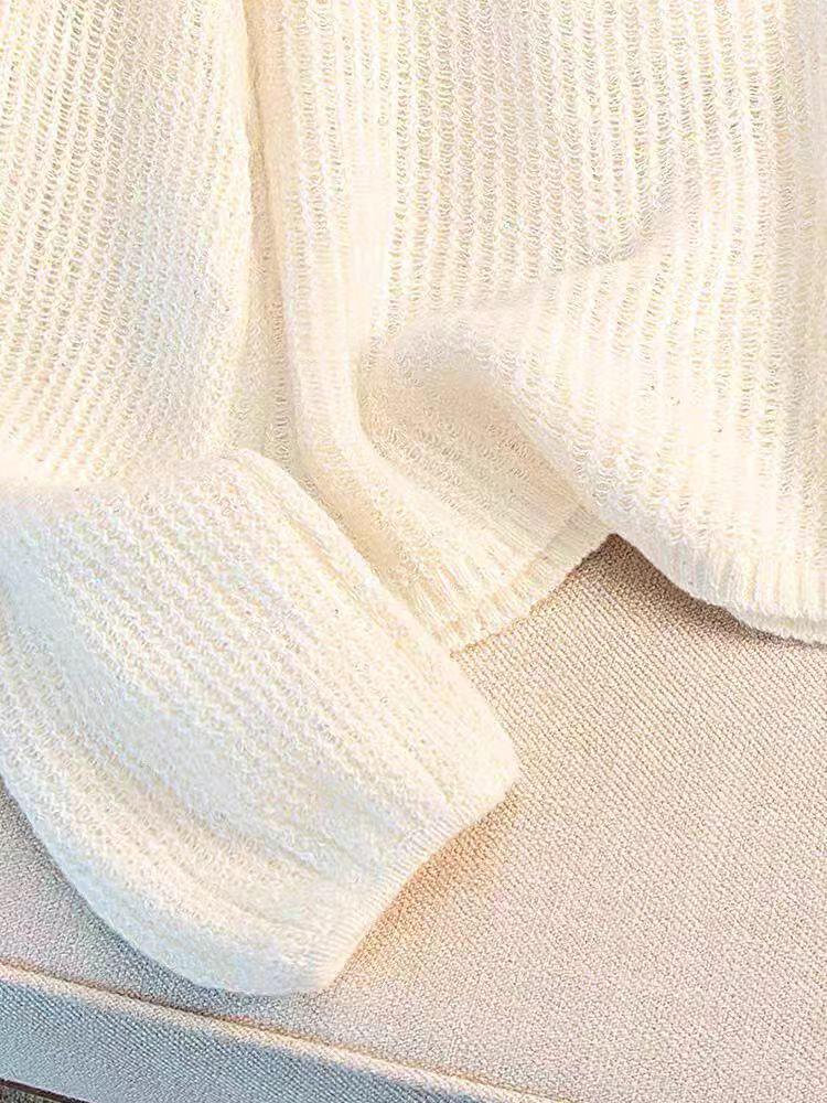 Sweet Openwork Round Neck Beaded Sunscreen Loose Knit Top for Women