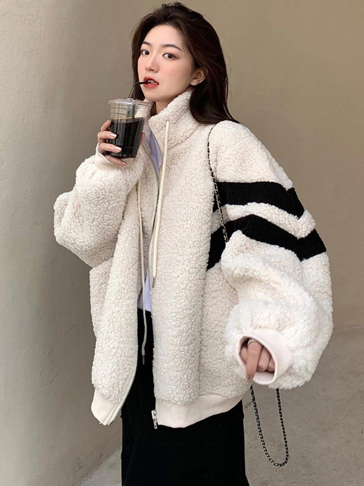 

Women s Thickened Sherpa Fleece Jacket Full Zip Stand Collar Casual Loose Fit Outerwear Winter Warm Coat with Long Sleeves and Ribbed Cuffs L бежевый