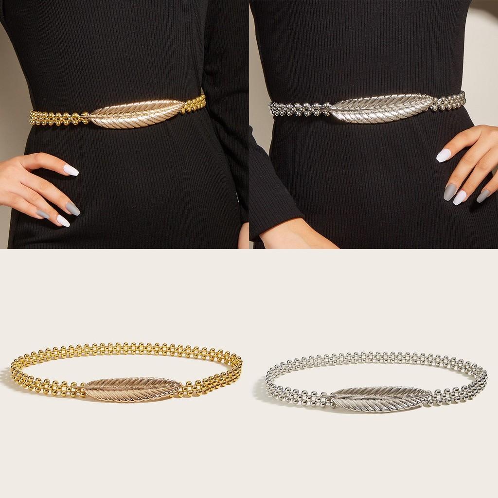 Spring Metal Elastic Waist Chain For Women Dress Accessory With Leaf Design