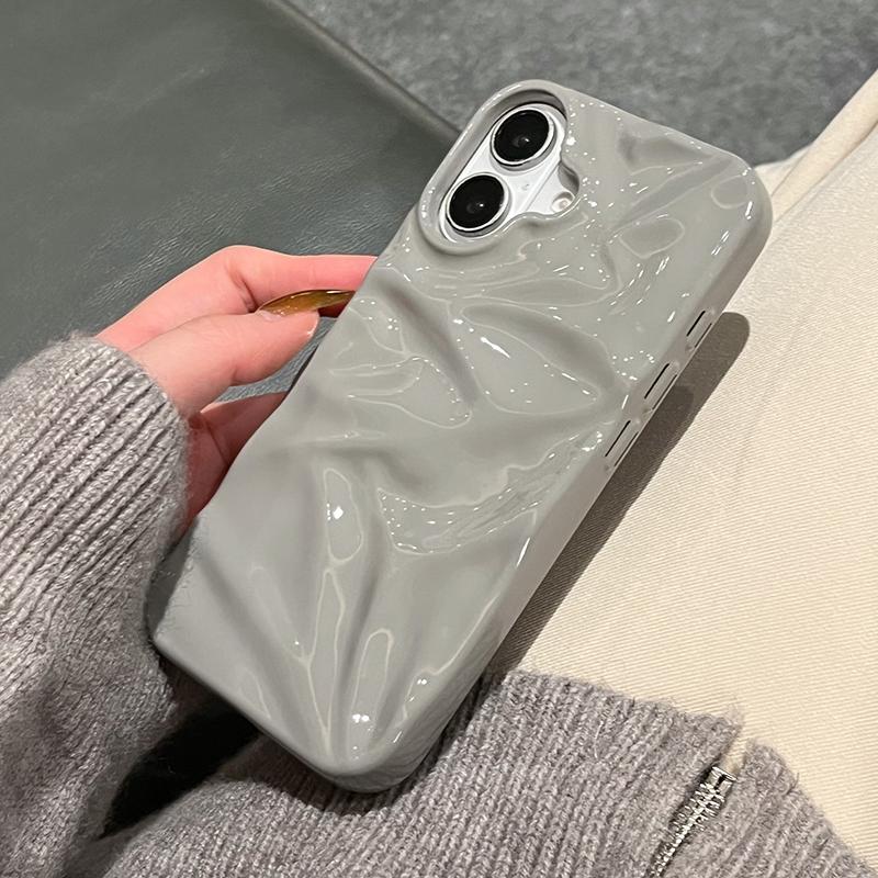 Simple Fashion Glossy Grey 3D Folds Texture Case For iPhone 16 Pro Max 15 13 12 11 14 Plus Shockproof TPU Phone Cover