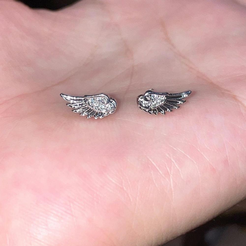 Orecchini a Bottone Moda in Acciaio Inossidabile con Ala di Zircone per Donna Uomo Colore Argento Cristallo Lucido Ali d'Angelo Creative Borchie Gioielli