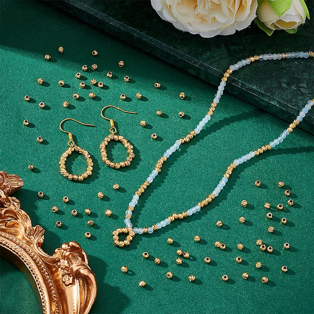 250Pcs Corrugated Brass Beads, Long-Lasting Plated, Spiral Round, Nickel Free, Real 18K Gold Plated, 3x2.5mm, Hole: 1.2mm