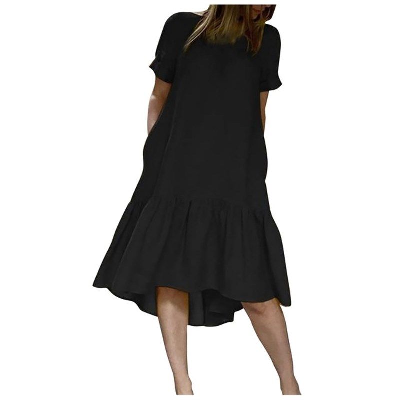 

Cotton Linen Ruffle Dress Ladies Allmatch Long Dresses 2021 Black 4XL